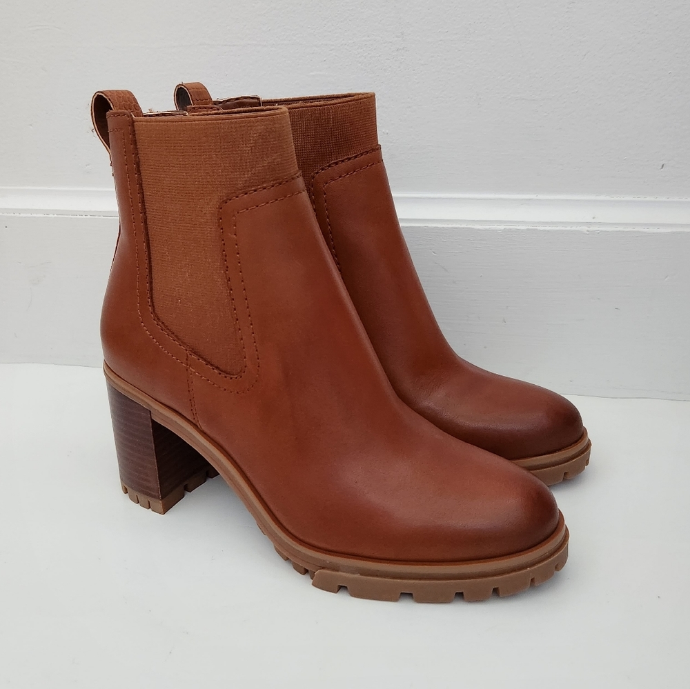 New Vince Camuto Denniel leather textile warm caramel brown heeled ankle bootie